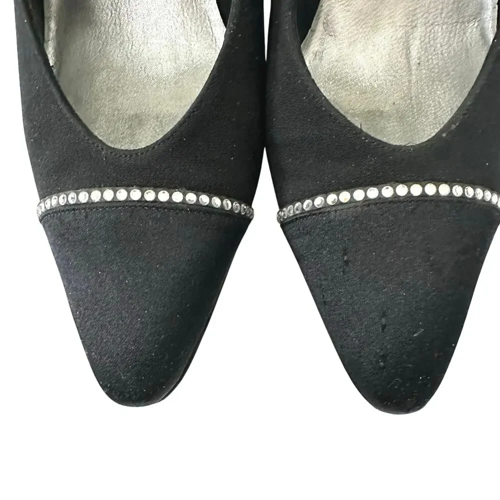Vintage 80s/90s Stuart Weitzman for Neiman Marcus Black Satin Rhinestone Heels 8